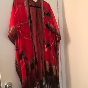 Red fringe kimono with velvet  detail